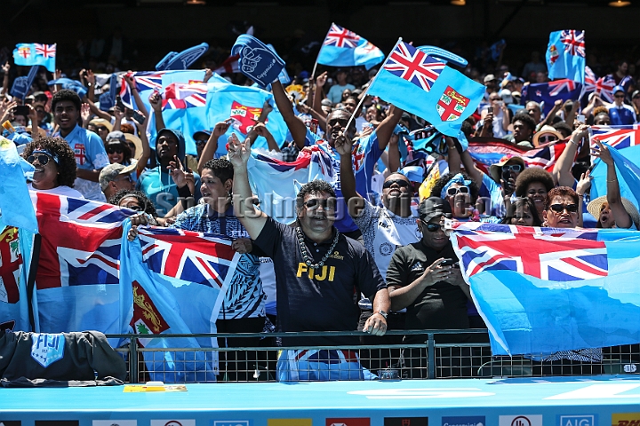 2018RugbySevensSun-11.JPG - Fiji fans react during the men's championship semi finals match against New Zealand in the 2018 Rugby World Cup Sevens, Sunday, July 22, 2018, at AT&T Park, San Francisco. New Zealand defeated Fiji 22-17. (Spencer Allen/IOS via AP)